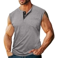 Dettaglio di maglietta Henley grigia senza maniche da uomo con abbottonatura a contrasto - L / Grigio chiaro