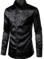 Detail of black long-sleeve shirt featuring intricate paisley jacquard pattern and silk-like shine - S / Tops / Black Baroque Pattern (ACS257)