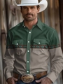 Detail of western cowboy style shirt with ethnic geometric patterns and double breast pockets - S / Tops / Dark Green Patchwork (ACS258)