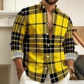 Detail of yellow and black plaid shirt featuring a button-down collar and grey checked cuffs - S / Tops / Yellow and Black Plaid Print (ACS229)