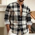 Detailed close-up of men's slim fit shirt with black and white grid pattern and turn-down collar - S / Tops / Black White Gray Contrast Large Check (ACS233)