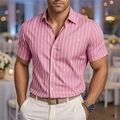 Camicia da uomo a maniche corte rosa con strisce verticali bianche e vestibilità slim - S / Rosa