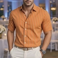 Camicia da uomo a maniche corte a righe bianche e arancioni, vestibilità slim e stile casual - S / Arancione