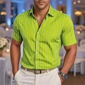 Close-up of bright green vertical striped short sleeve shirt with classic button-down collar - S / Light Green