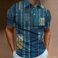 Detail of blue and yellow patchwork plaid polo shirt with classic collar and three buttons - S / Plaid Patchwork Style 5 (PDD-OUPL-5)