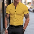 Close-up of yellow slim-fit shirt with black contrast collar and button details - S / Yellow