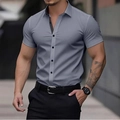 Detail of grey slim fit short sleeve shirt showing contrast collar lining and buttons - S / Tops / Gray