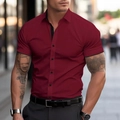 Detail of burgundy slim-fit shirt with black contrast collar and button placket - S / Tops / Burgundy
