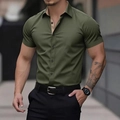 Detail of olive green slim fit shirt with contrast beige collar trim and buttons - S / Tops / Army Green