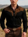 Camicia casual nera da uomo a maniche lunghe con ricamo floreale in stile western - S / Nero Ricamo Western (B-141-3)