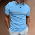 Detail of light blue polo shirt featuring classic beige plaid collar and striped chest - S / Top - Stripe Grid Style (PL84) / Sky Blue