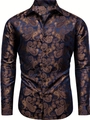 Men's navy blue long sleeve business shirt with golden paisley floral pattern in size L - S / Navy Paisley Print (B-141-5)