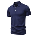 Classic men's short sleeve navy blue polo shirt with rib-knit cuffs and three buttons - S / Navy Blue