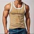 Men's slim fit khaki tank top with white contrast ribbed edges and stretchy cotton fabric - S / Khaki (BX01)