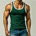 Men's dark green athletic tank top with white contrast piping and slim fit design - S / Green (BX01)
