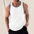 Men's slim fit white ribbed tank top with black and white striped trim on neckline - S / White (BX03)