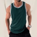 Men's dark green mesh tank top with striped rib knit trim and breathable fabric - S / Green (BX03)