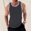 Men's slim fit dark grey tank top with black and white striped ribbed trim detailing - S / Dark Gray (BX03)