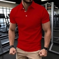 Detail of red short sleeve polo shirt with classic collar and three buttons in gym setting - S / Red