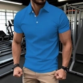 Slim fit bright blue polo shirt for men shown in a modern gym setting with fitness equipment - S / Lake Blue