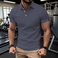 Detail of grey-blue polo shirt neckline with white buttons and ribbed sleeve cuffs - S / Gray