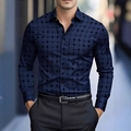 Camisa de hombre de manga larga entallada con patrón de cuadrícula geométrica azul oscuro - S / Cuadros Geométricos / Azul marino