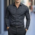 Camisa de hombre gris oscuro con manga larga y patrones geométricos negros de corte ajustado - S / Cuadros Geométricos / Gris