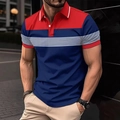 Slim fit men's polo shirt featuring a red and navy blue color block with white stripes - Red