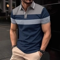 Men's short sleeve polo shirt with navy and grey color block and striped accents - Gray