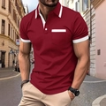 Detail of burgundy polo shirt with white contrast trim on collar, pocket, and sleeves - S / Top - Color Block Pocket Style (PL81) / Burgundy