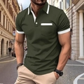 Detail of olive green Polo shirt with white contrast collar and functional chest pocket - S / Top - Color Block Pocket Style (PL81) / Army Green