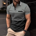 Men's polo shirt with grey gradient stripes and Greek Key pattern on collar and cuffs - S / Top - Greek Key Pocket Style (PL82) / Gray