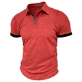 Detail eines roten melierten Poloshirts mit schwarzem Kontrastkragen und Knopfleiste - S / Rot