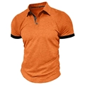 Detail eines orangen Poloshirts mit schwarzem Kontrastkragen und Knopfleiste - S / Orange