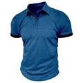 Detail eines blauen Polo-Shirts mit schwarzem Kontrastkragen und Drei-Knopf-Leiste - S / Blau