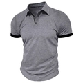 Detail eines grauen Poloshirts mit schwarzen Ärmelbündchen und einer Drei-Knopf-Leiste - S / Dunkelgrau