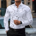 Slim fit herenoverhemd met lange mouwen en moderne zwarte geometrische prints op wit - S / Wit