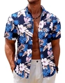 Close-up of tropical floral print on a navy blue short-sleeved Hawaiian shirt for men - S / Navy Hibiscus Print (HJ-CH11021)