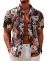 Detailed view of men's tropical floral beach shirt with pink hibiscus on black - S / Black Hibiscus Print (HJ-CH11022)
