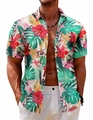 Detailed view of the tropical floral print on a men's short-sleeve resort vacation shirt - S / White Tropical Leaf Print (HJ-CH11024)