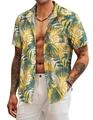 Detail of men's tropical palm leaf print shirt with black buttons for summer beach wear - S / Yellow Blue Green Leaf Print (HJ-CH11026)