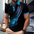 Detail of men's polo shirt featuring blue streamlined patterns and bright blue trim accents - S / Sky Blue