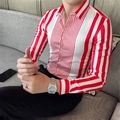 Slim fit men's long sleeve shirt with red and white vertical striped patchwork pattern - S / Red