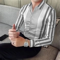 Slim fit men's long sleeve shirt with grey and white vertical stripes on a sofa - S / Gray