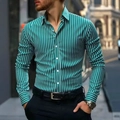 Slim fit long sleeve shirt with vibrant green and white vertical stripes for men - S / Green