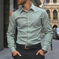Detail of light green and white vertical striped men's slim fit long sleeve shirt - S / Light Green