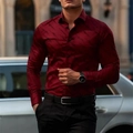 Men's slim-fit burgundy long sleeve dress shirt with subtle black textured pattern - S / Red
