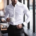 Camisa de hombre blanca clásica de manga larga, corte entallado para oficina y negocios - S / Blanco
