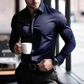 Camisa de hombre entallada de manga larga en azul marino con tejido de acabado suave - S / Azul Marino