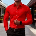 Detail of red slim-fit men shirt with white buttons and black Los Angeles chest print - S / Red